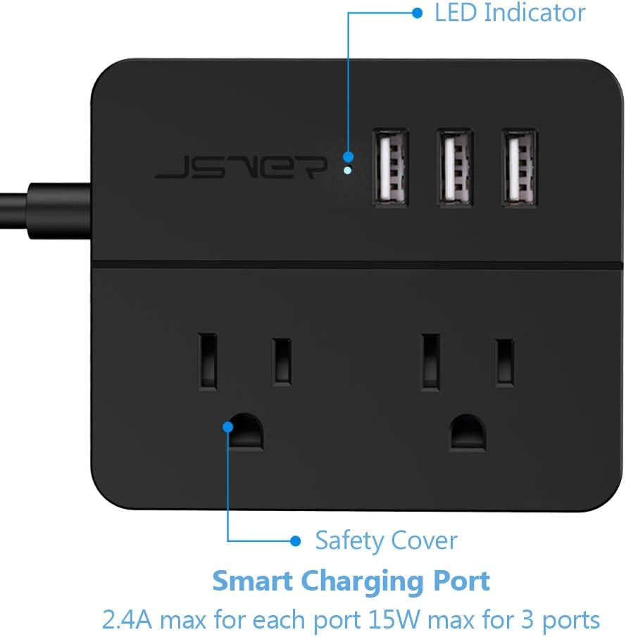 USB Power Strip Power Strip with 3 USB, Power Strip Surge Protector, 2 AC Outlet Strip, USB Charging Station with 3.94Ft Extension Cord, Mini Power Cord for Home, Office, Dorm, Travel (Black)