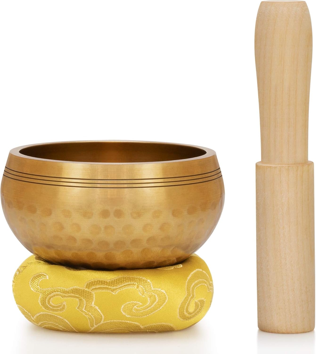 Tibetan Brass Singing Bowl Set — Healing Sound Bowl Made in Nepal for Meditation and Mindfulness (YELLOW)