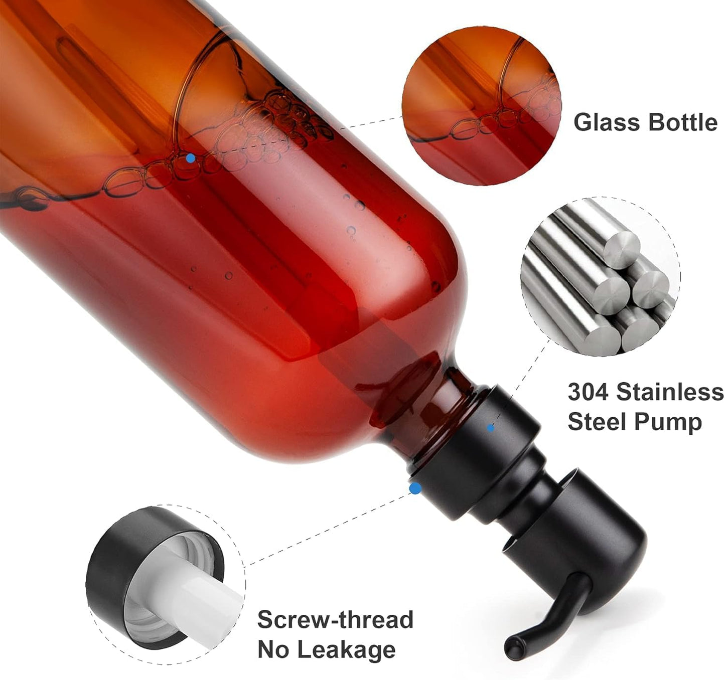 Amber Glass Soap Dispenser, 2 Pack Thick Pint Bottle with Stainless Steel Pump,17 Oz Hand Dish Soap Dispenser Bottle, Soap Dispensers for Bathroom Kitchen Sink