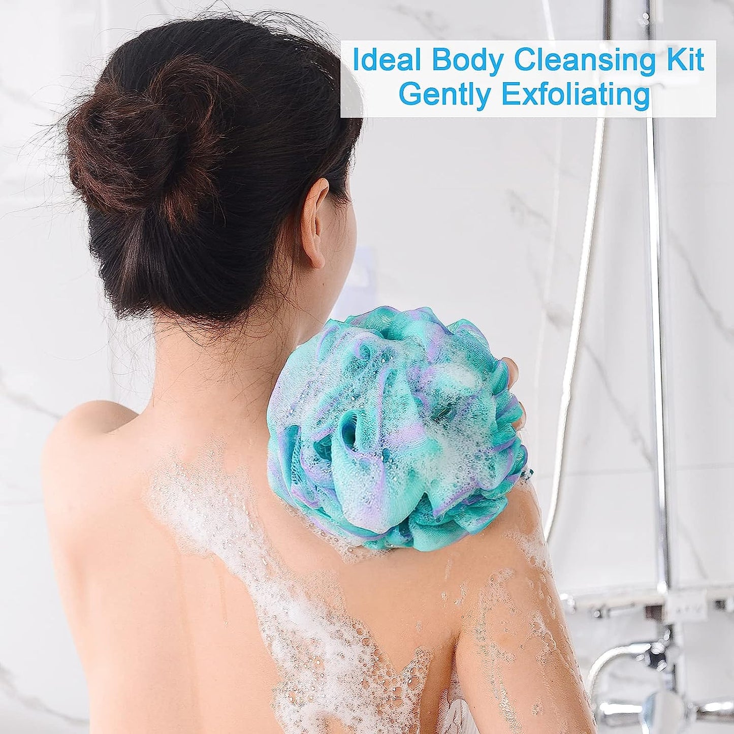 Loofah Sponge 60G/Piece, Exfoliating Bath Sponge Body Scrubber - Loofa Set of 4 Flower Color (Green-Purple)