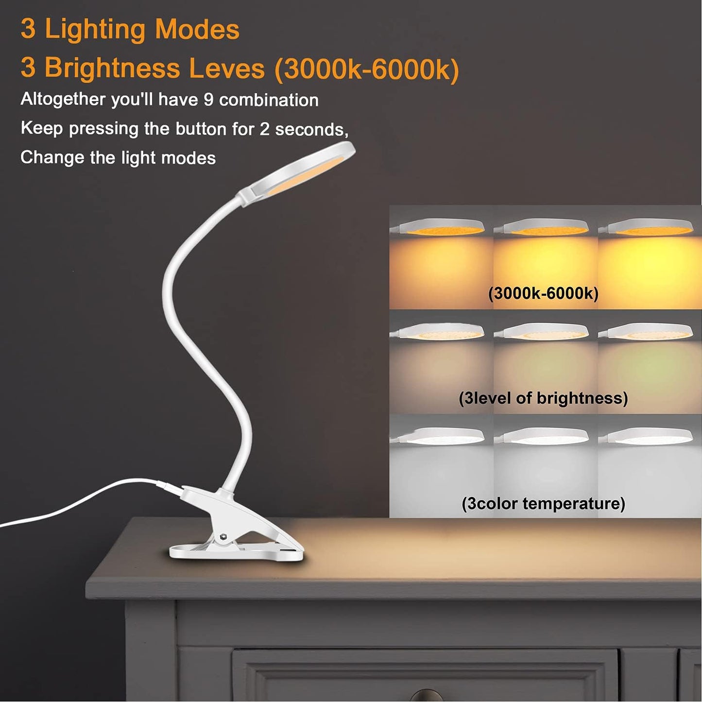 Clamp LED Desk Lamp, Flexible Gooseneck Table Lamp, 3 Lighting Modes with 3 Brightness Levels, Dimmable Office Lamp, Touch-Sensitive Control(White)