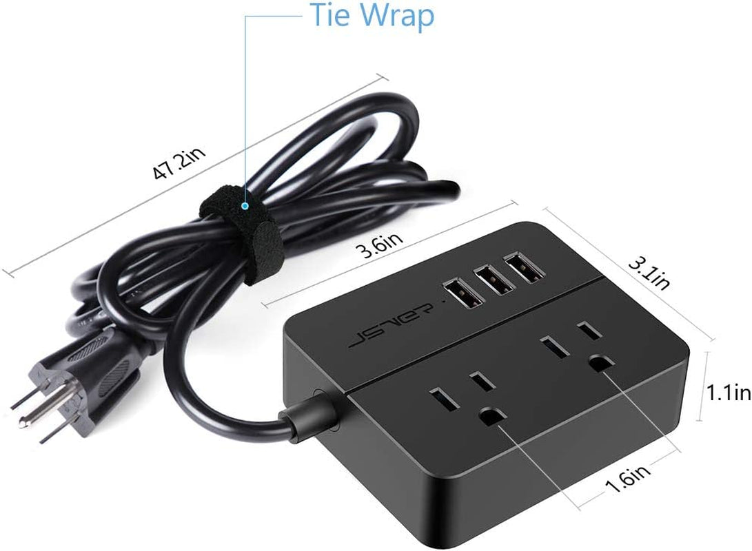 USB Power Strip Power Strip with 3 USB, Power Strip Surge Protector, 2 AC Outlet Strip, USB Charging Station with 3.94Ft Extension Cord, Mini Power Cord for Home, Office, Dorm, Travel (Black)