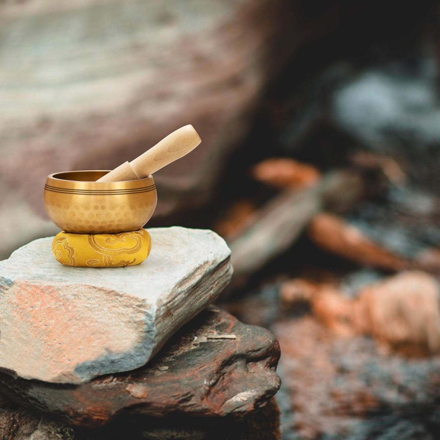 Tibetan Brass Singing Bowl Set — Healing Sound Bowl Made in Nepal for Meditation and Mindfulness (YELLOW)