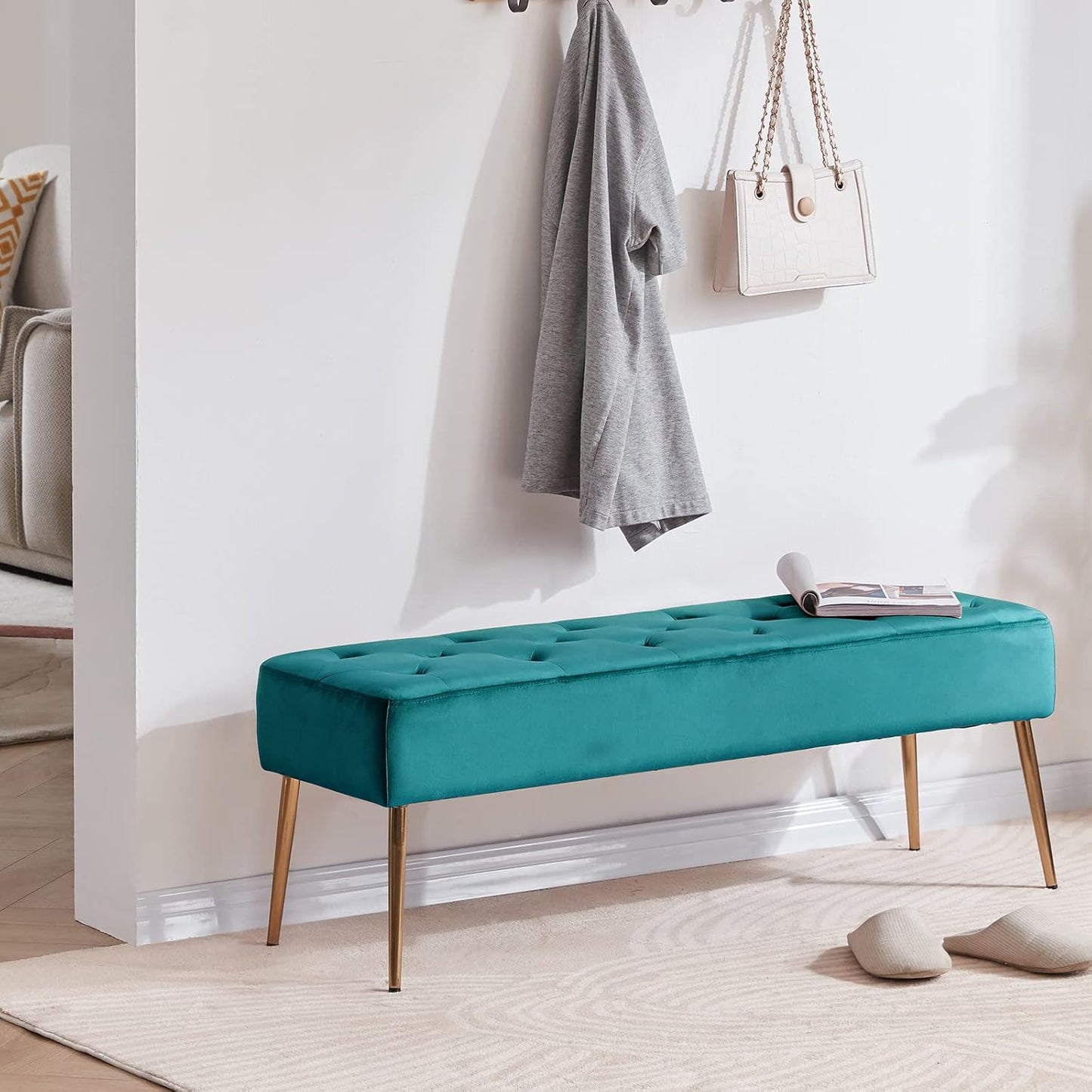 Modern Velvet Bench Ottoman, Upholstered Bedroom Benches Footrest Stool Button-Tufted Table Bench Dining Bench with Gold Metal Base for Entryway Dining Room Living Room Bedroom, Atrovirens