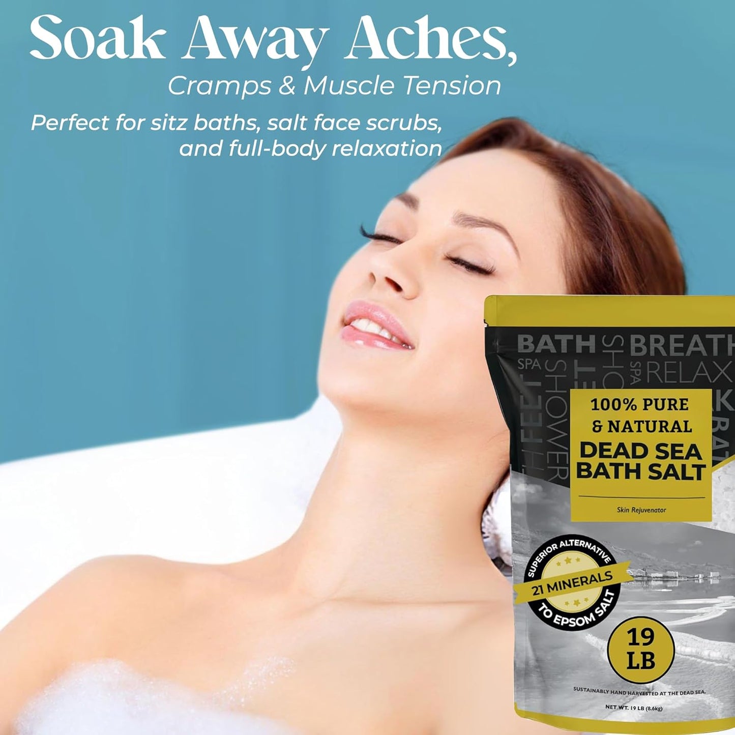 Dead Sea Salt - Spa Bath Salt - 19 Lbs Fine Grain Bulk - 100% Pure - Better Absorbing than Epsom Salt - Soak for Women & Men for Skin Issues and to Relax Tired Muscles - Resealable Pack.