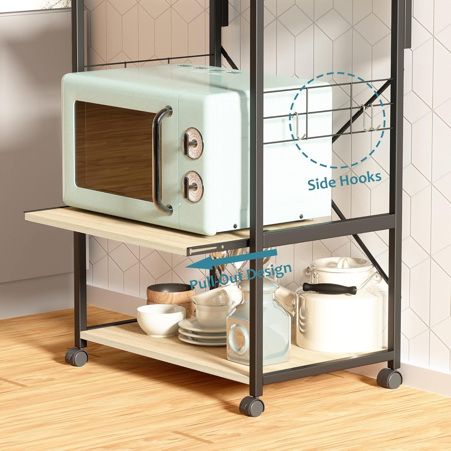 Kitchen Baker'S Rack Utility Storage Shelf Microwave Stand Cart on Wheels with Side Hooks, Kitchen Organizer Rack 4 Tier Shelves Adjustable Feet P2 Wood Oak
