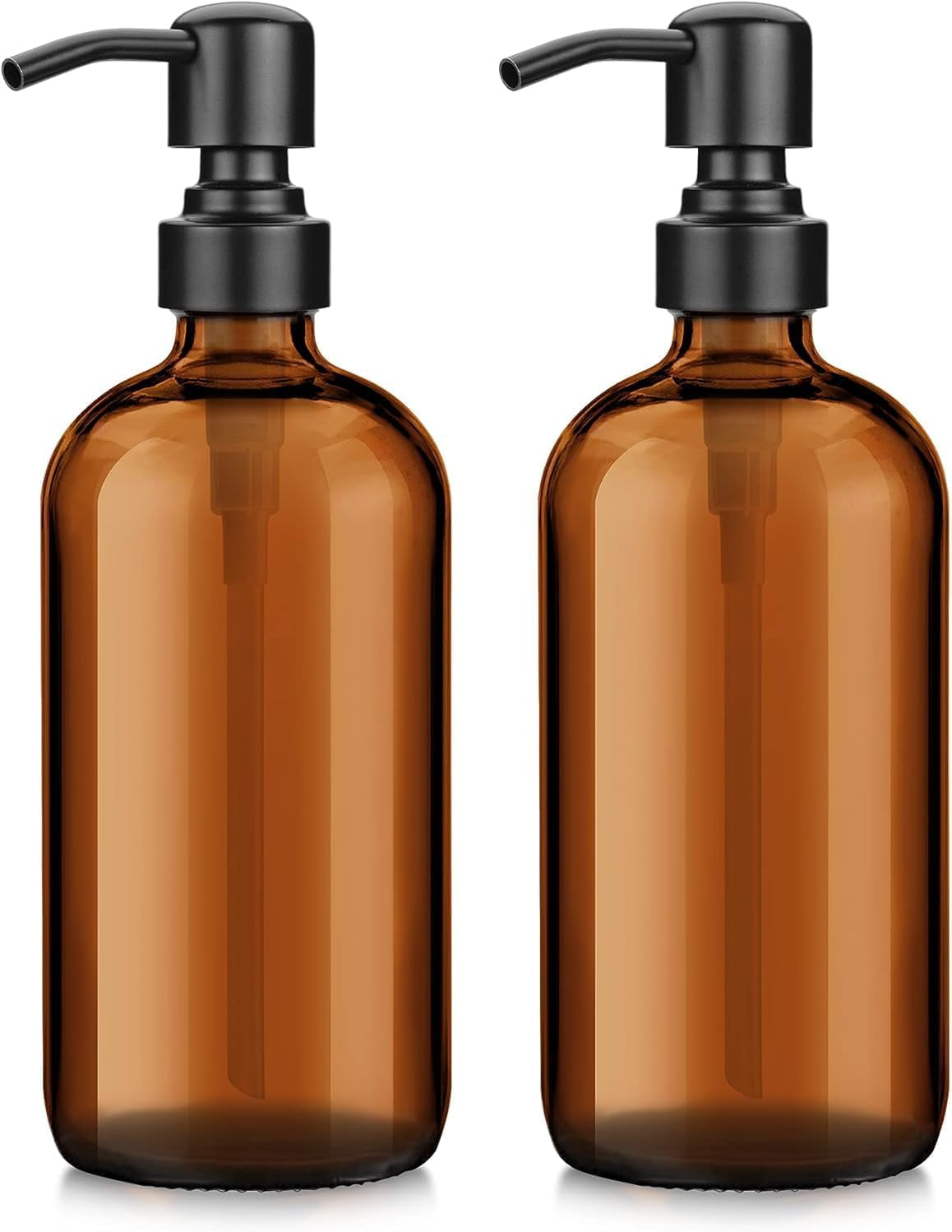 Amber Glass Soap Dispenser, 2 Pack Thick Pint Bottle with Stainless Steel Pump,17 Oz Hand Dish Soap Dispenser Bottle, Soap Dispensers for Bathroom Kitchen Sink