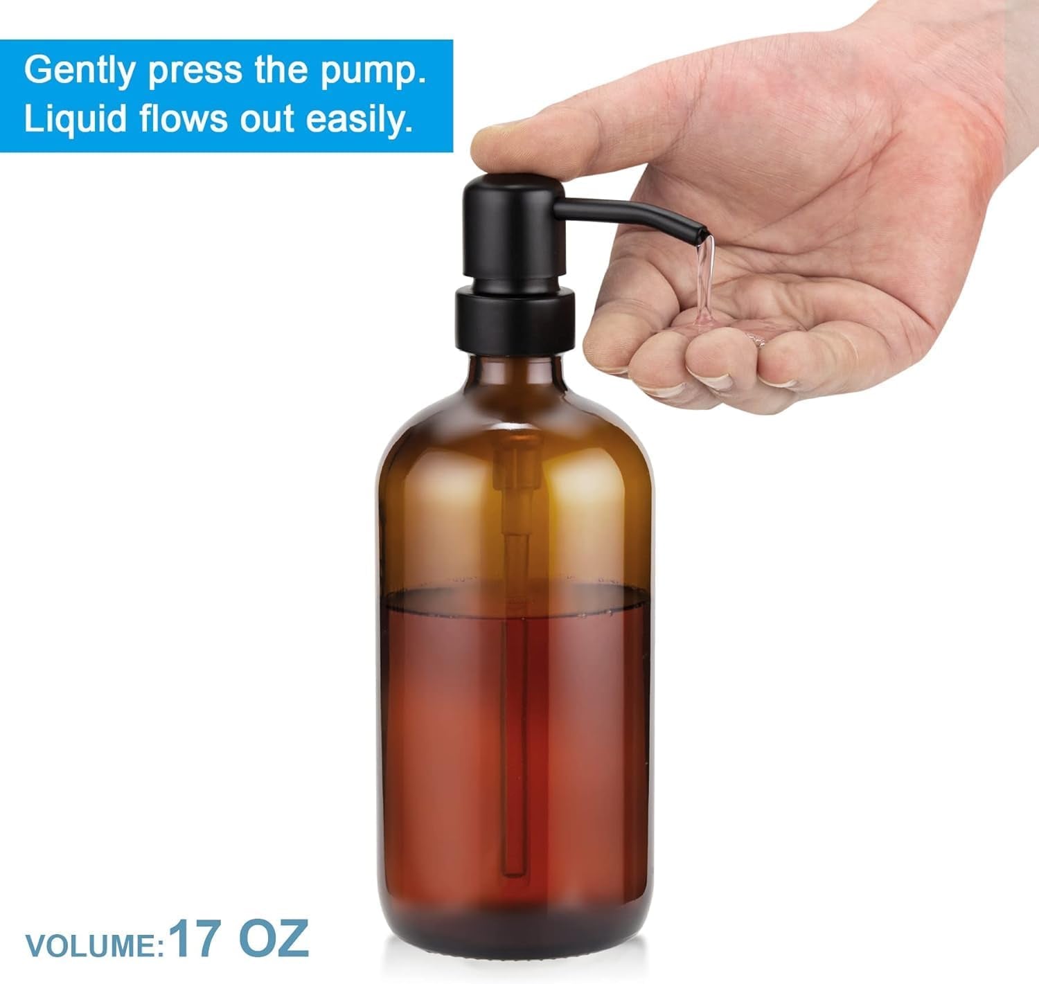 Amber Glass Soap Dispenser, 2 Pack Thick Pint Bottle with Stainless Steel Pump,17 Oz Hand Dish Soap Dispenser Bottle, Soap Dispensers for Bathroom Kitchen Sink