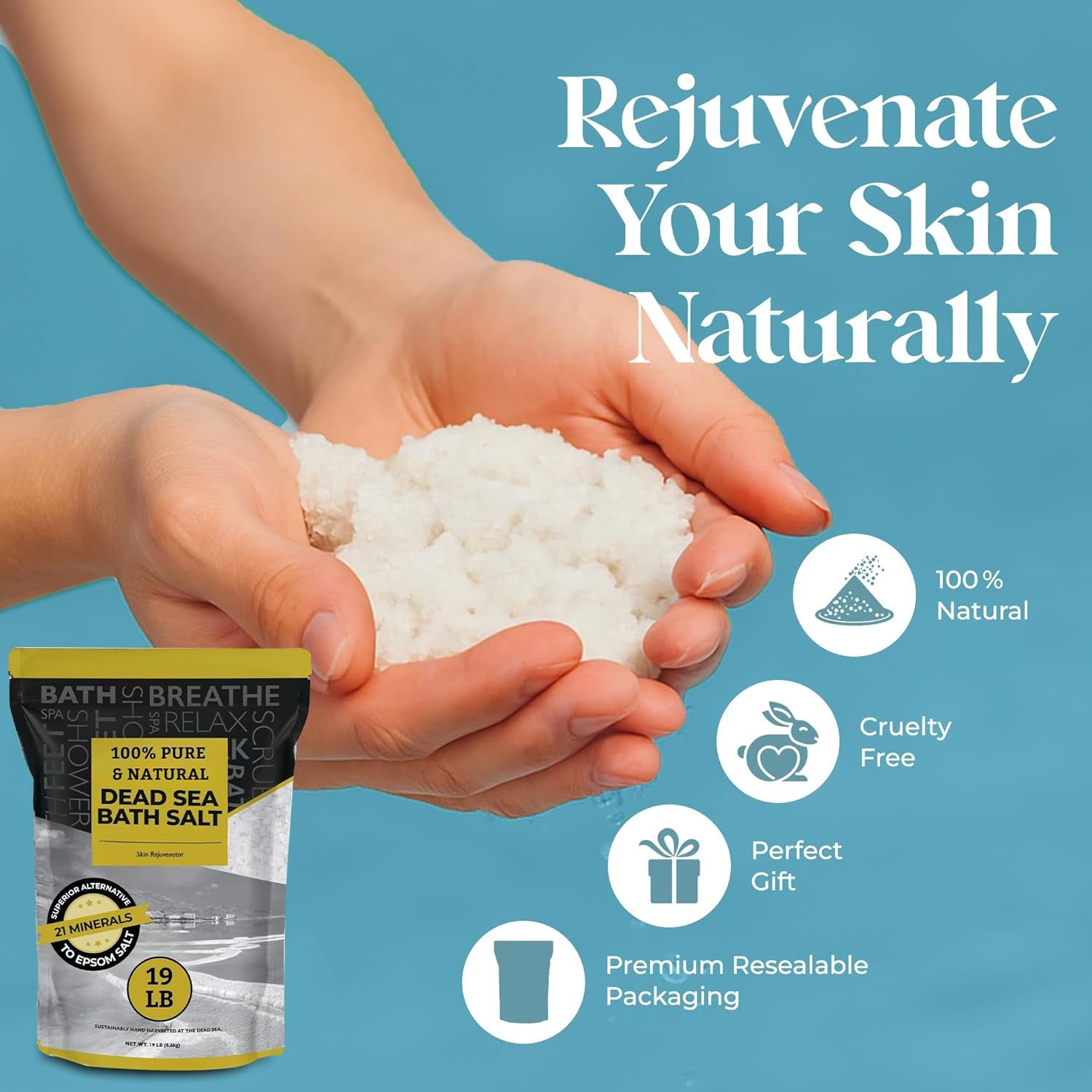 Dead Sea Salt - Spa Bath Salt - 19 Lbs Fine Grain Bulk - 100% Pure - Better Absorbing than Epsom Salt - Soak for Women & Men for Skin Issues and to Relax Tired Muscles - Resealable Pack.