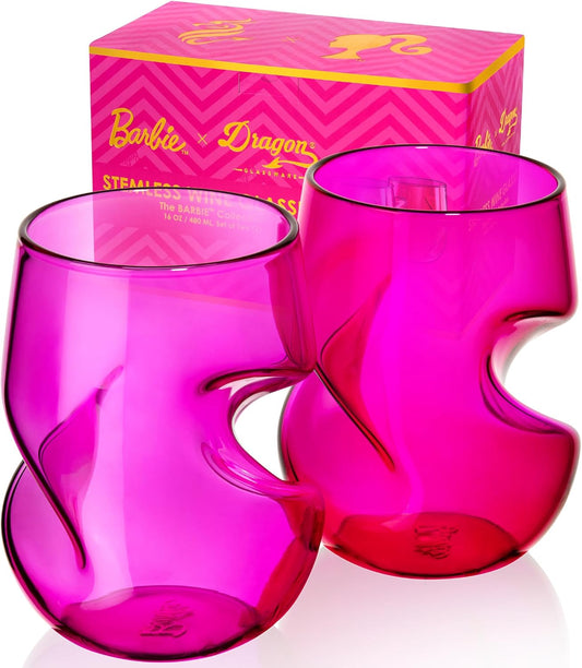 X Barbie Wine Glasses - 16 Oz Magenta & Pink Wine Glasses Set of 2 - Stemless with Finger Indentations - Aerates Naturally - Barbie Gifts for Women