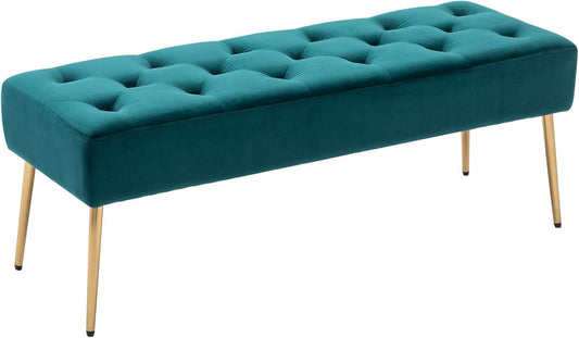 Modern Velvet Bench Ottoman, Upholstered Bedroom Benches Footrest Stool Button-Tufted Table Bench Dining Bench with Gold Metal Base for Entryway Dining Room Living Room Bedroom, Atrovirens