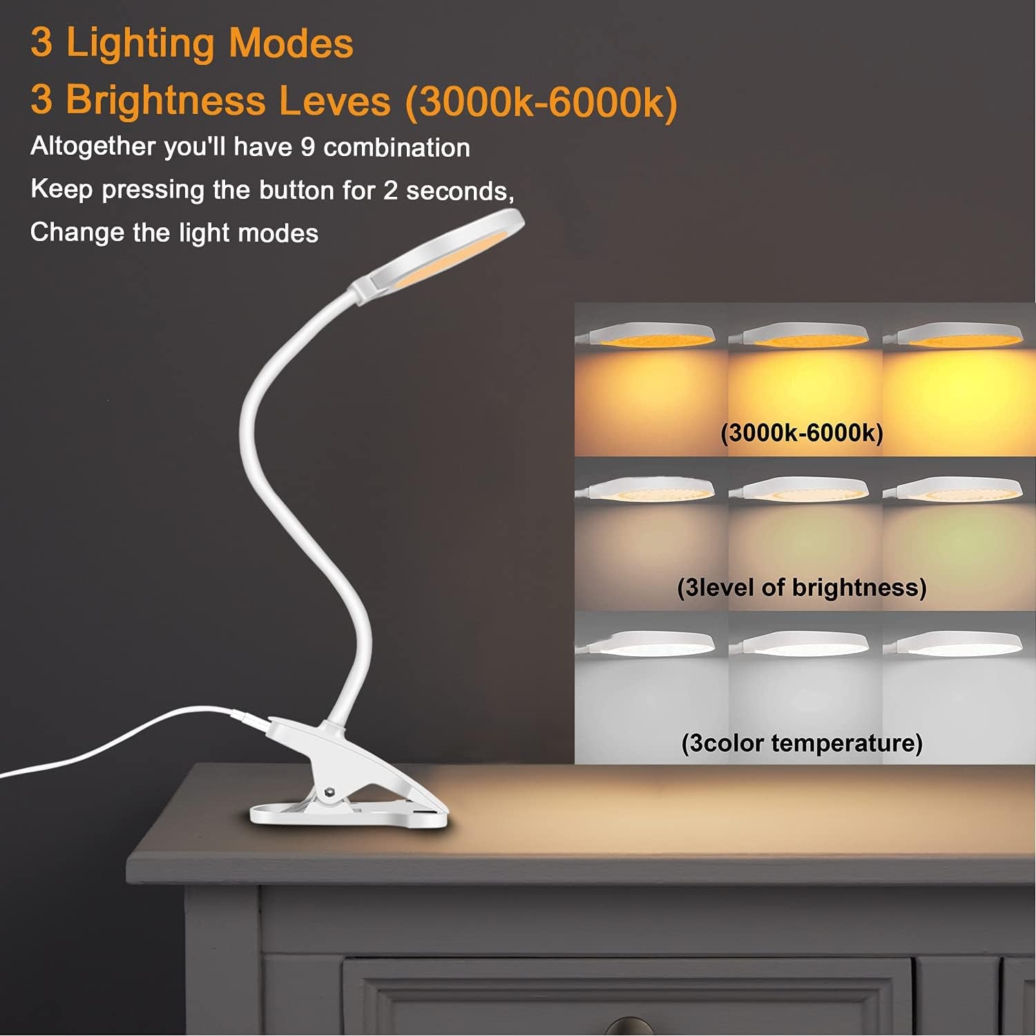 Clamp LED Desk Lamp, Flexible Gooseneck Table Lamp, 3 Lighting Modes with 3 Brightness Levels, Dimmable Office Lamp, Touch-Sensitive Control(White)