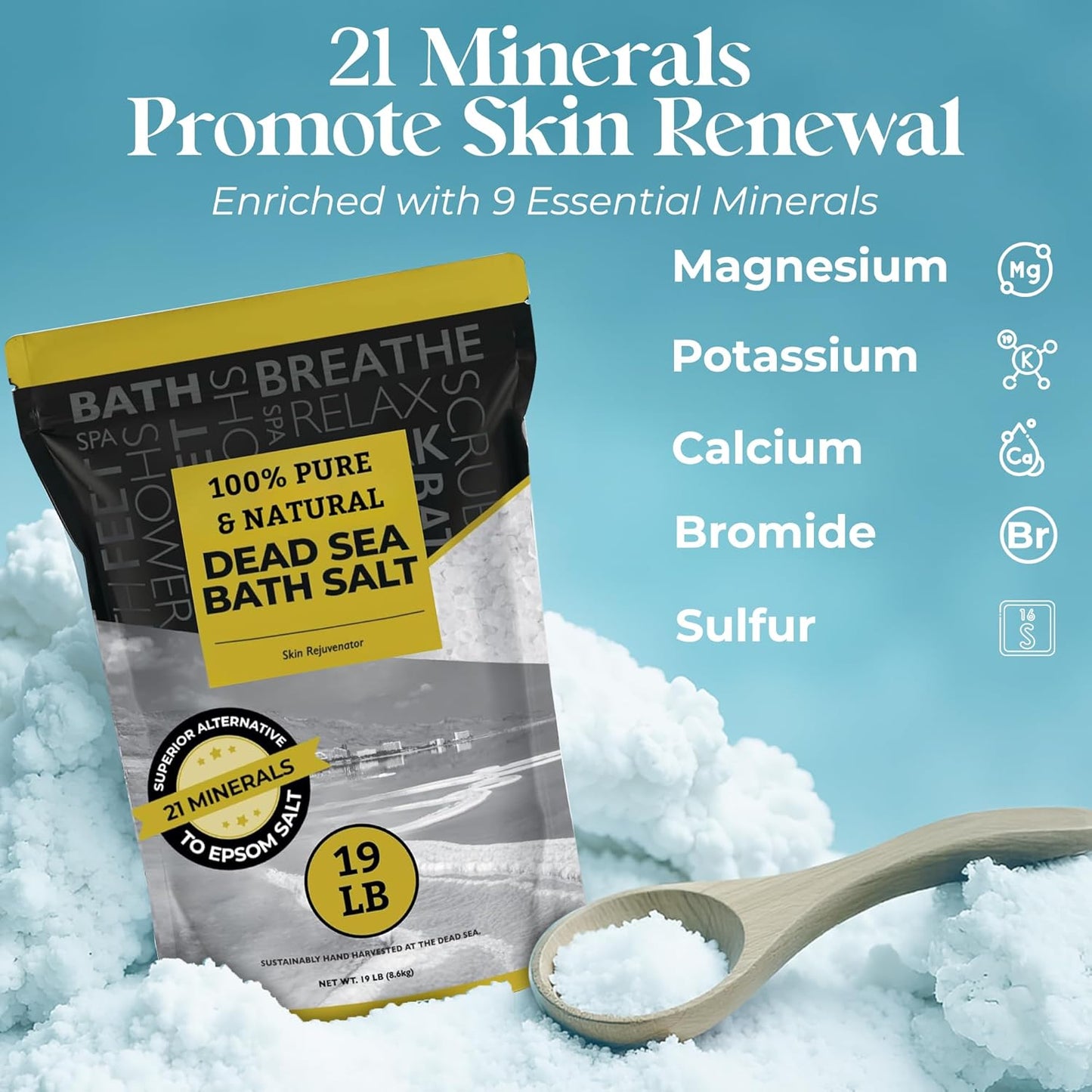 Dead Sea Salt - Spa Bath Salt - 19 Lbs Fine Grain Bulk - 100% Pure - Better Absorbing than Epsom Salt - Soak for Women & Men for Skin Issues and to Relax Tired Muscles - Resealable Pack.