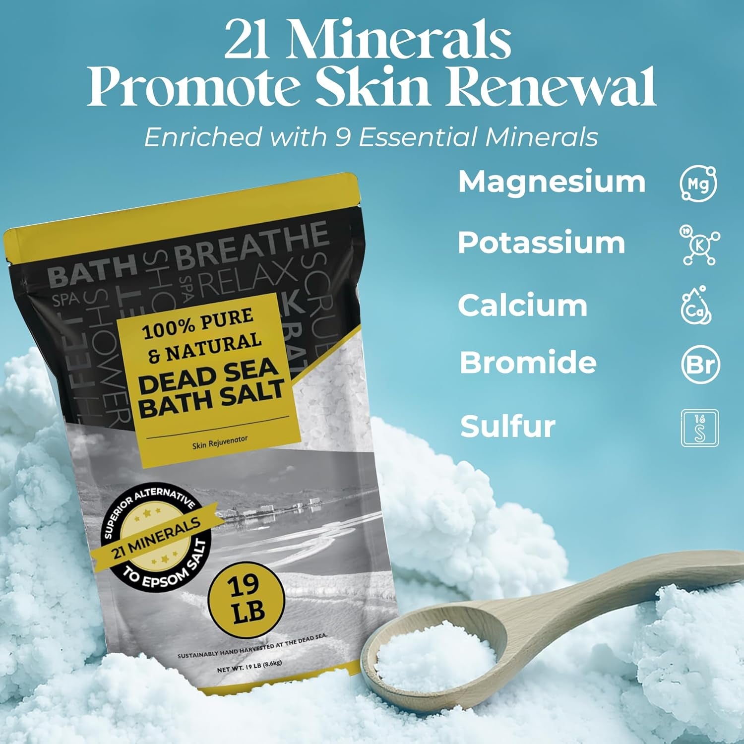 Dead Sea Salt - Spa Bath Salt - 19 Lbs Fine Grain Bulk - 100% Pure - Better Absorbing than Epsom Salt - Soak for Women & Men for Skin Issues and to Relax Tired Muscles - Resealable Pack.