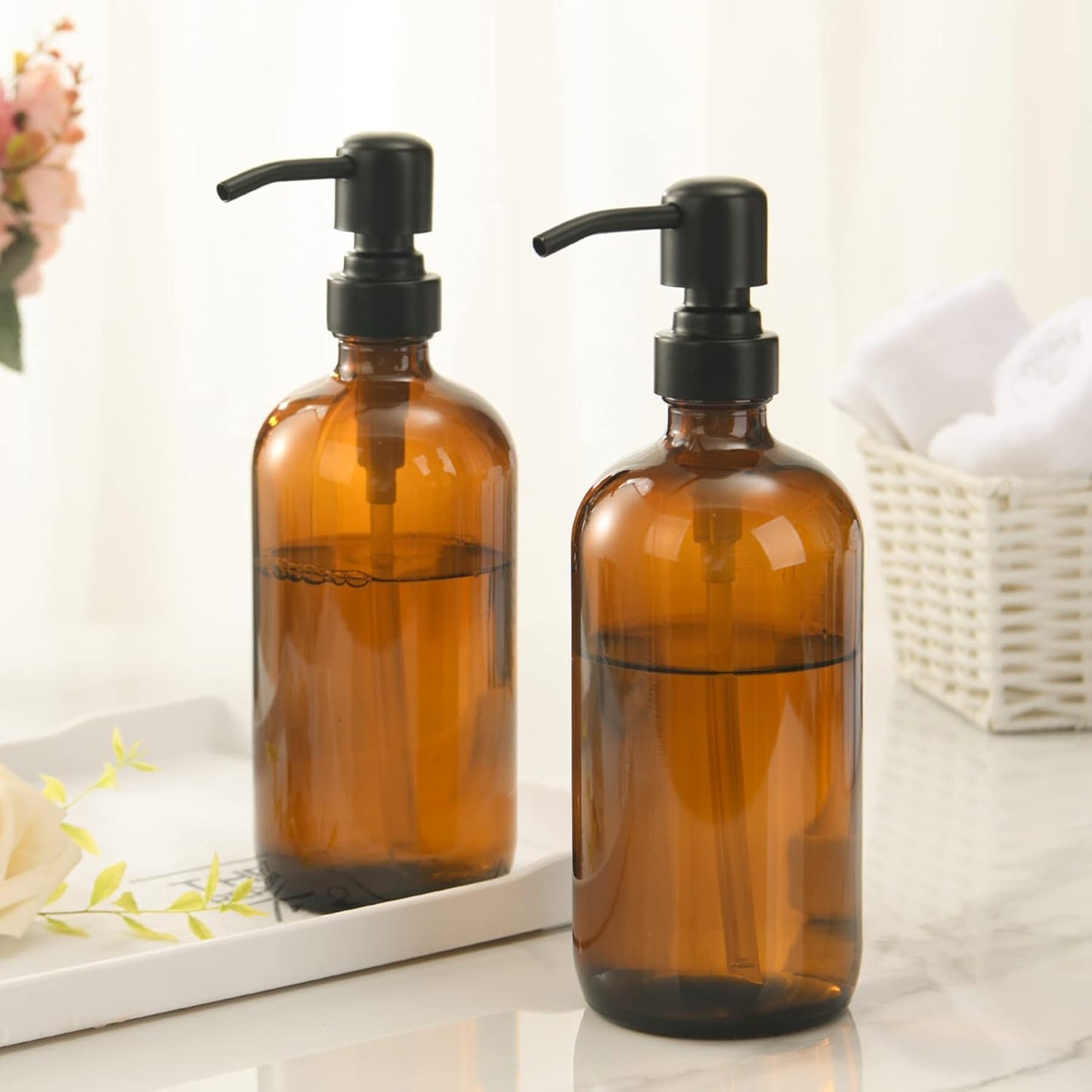 Amber Glass Soap Dispenser, 2 Pack Thick Pint Bottle with Stainless Steel Pump,17 Oz Hand Dish Soap Dispenser Bottle, Soap Dispensers for Bathroom Kitchen Sink