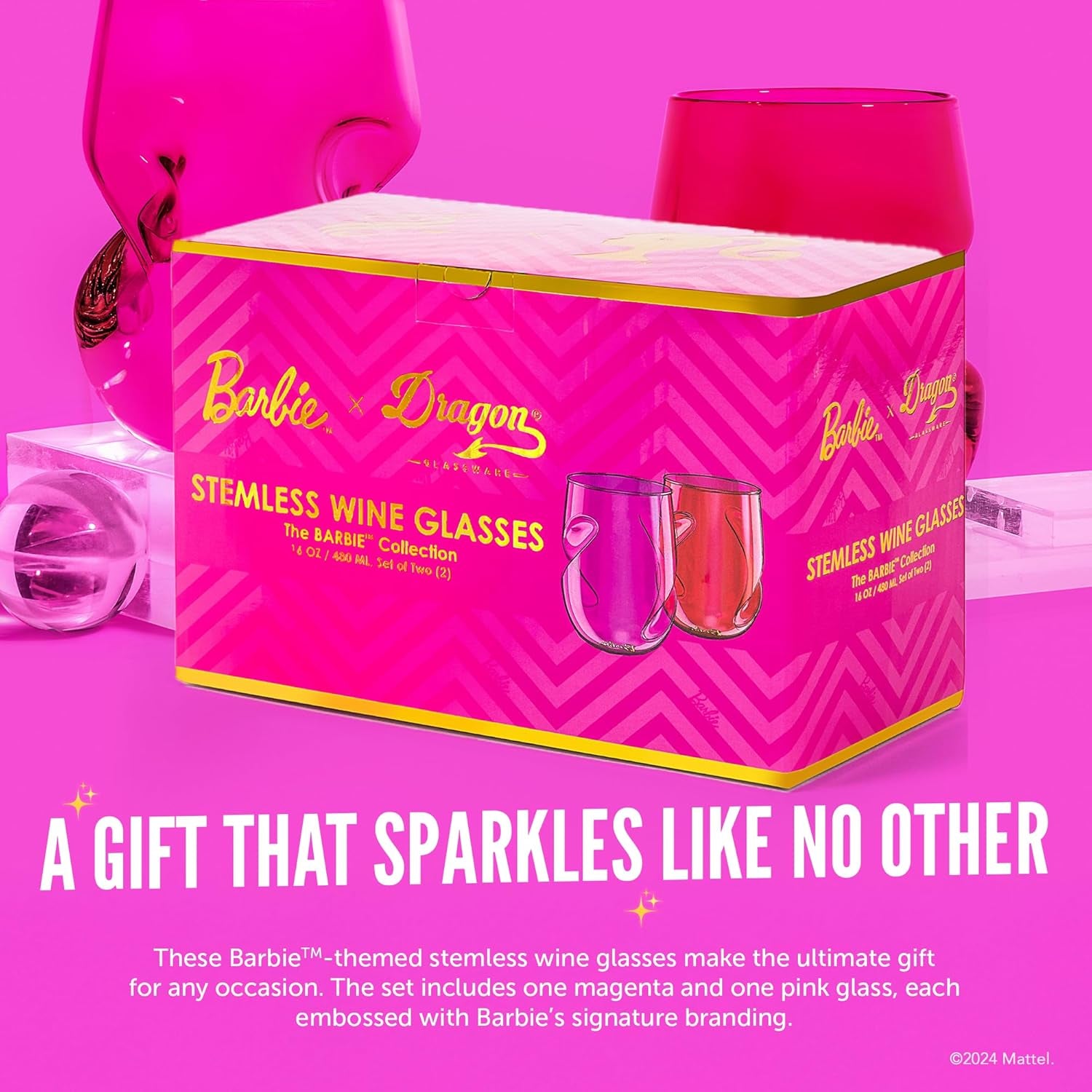 X Barbie Wine Glasses - 16 Oz Magenta & Pink Wine Glasses Set of 2 - Stemless with Finger Indentations - Aerates Naturally - Barbie Gifts for Women