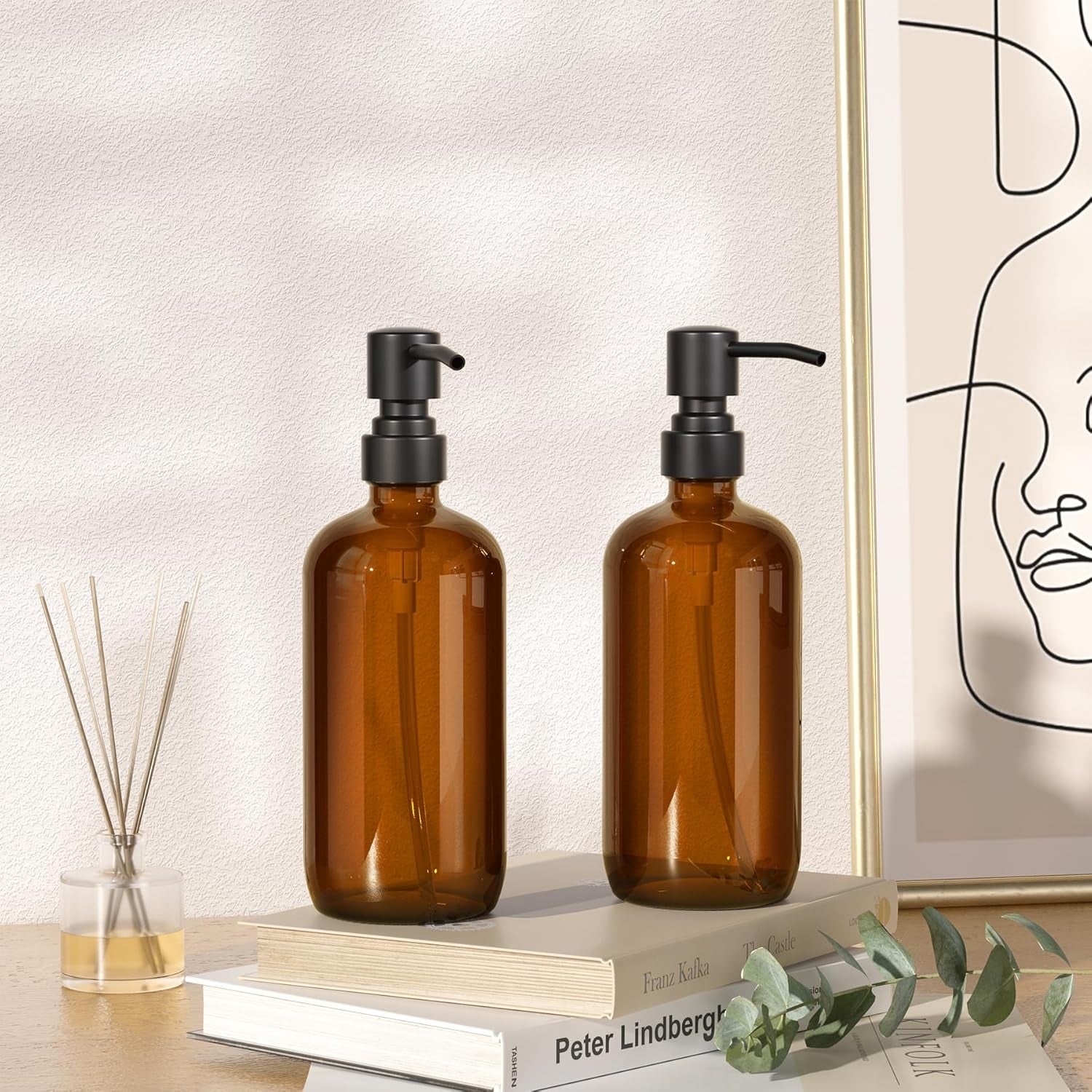 Amber Glass Soap Dispenser, 2 Pack Thick Pint Bottle with Stainless Steel Pump,17 Oz Hand Dish Soap Dispenser Bottle, Soap Dispensers for Bathroom Kitchen Sink