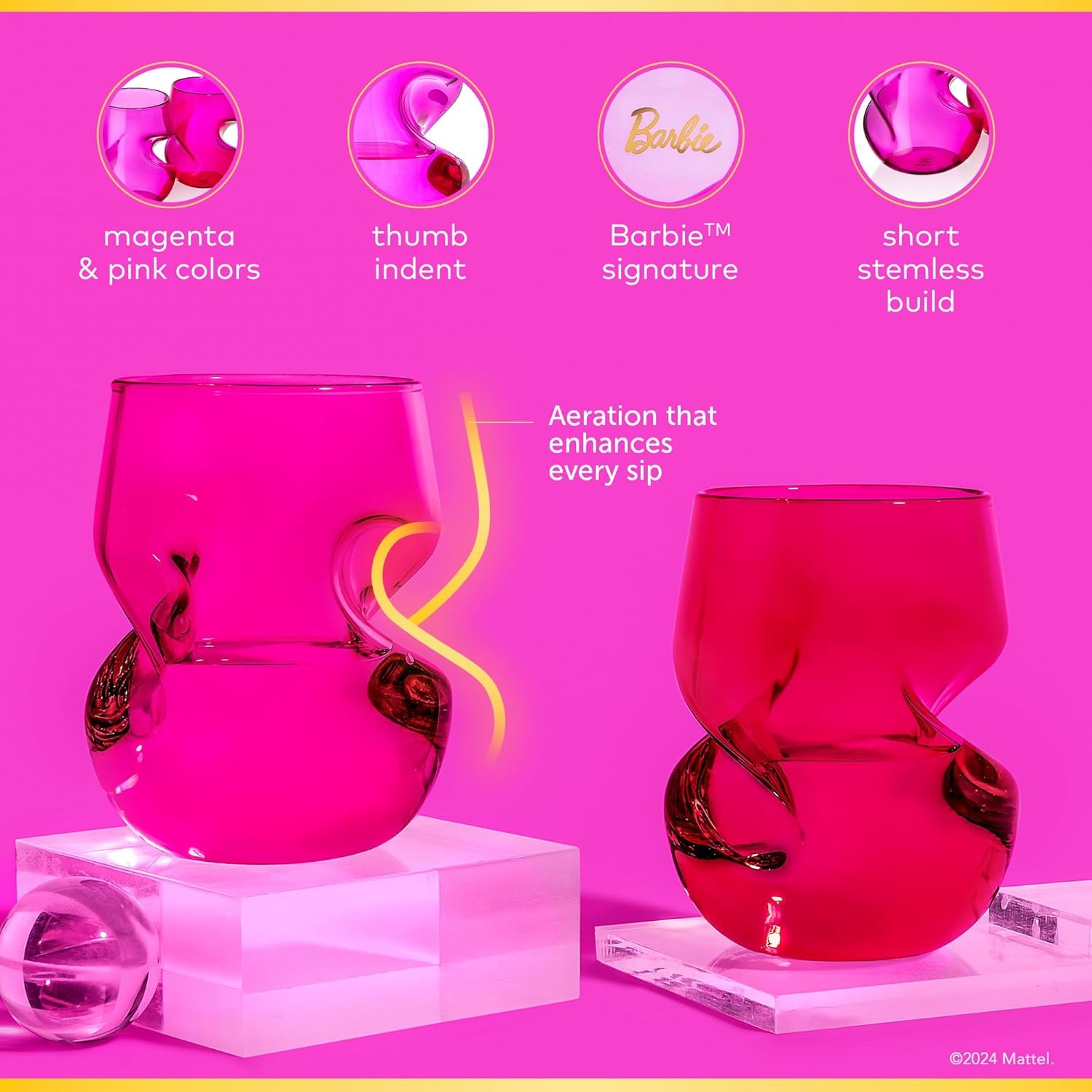 X Barbie Wine Glasses - 16 Oz Magenta & Pink Wine Glasses Set of 2 - Stemless with Finger Indentations - Aerates Naturally - Barbie Gifts for Women